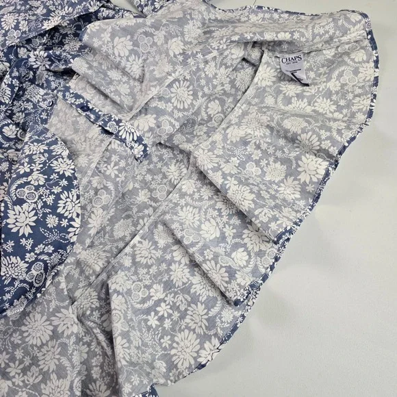 CHAPS Women's Floral Shirt Dress Button Front Ruffle Roll Tab Sleeve Blue Medium - Picture 6 of 14